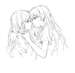 Rule 34 | 2girls, bang dream!, bang dream! it&#039;s mygo!!!!!, chihaya anon, chinese commentary, closed mouth, commentary request, cropped torso, eye contact, greyscale, hand in another&#039;s hair, highres, imminent kiss, long hair, looking at another, monochrome, multiple girls, muonrei00, nagasaki soyo, parted lips, puffy short sleeves, puffy sleeves, short sleeves, sidelocks, simple background, upper body, variant set, white background, yuri
