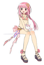 1girl ankle_flower bare_arms bare_legs bare_shoulders bikini black_sandals bow braid chest_jewel creature_on_lap flower full_body hair_flower hair_ornament hairclip hand_on_own_knee happy heart heart_hair_ornament highres invisible_chair knees long_hair looking_at_viewer low_ponytail magia_record:_mahou_shoujo_madoka_magica_gaiden mahou_shoujo_madoka_magica nail_polish official_alternate_costume official_style okken pink_bikini pink_bow pink_eyes pink_flower pink_hair pink_nails ponytail ribs sandals side_braid sidelocks simple_background sitting skinny small_kyubey solo swimsuit tamaki_iroha tamaki_iroha_(swimsuit_ver.) tareme toenail_polish toenails toes waist_bow white_background