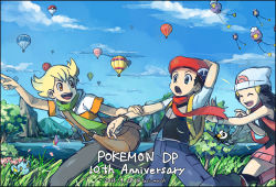 1girl 2016 2boys aircraft anniversary aono_wo arm_behind_head bag barry_(pokemon) beanie beret black_border black_hair blonde_hair blue_eyes blue_hair blue_sky border closed_eyes creatures_(company) dated dawn_(pokemon) day drifloon game_freak gen_4_pokemon grass green_scarf hair_ornament hairclip hat hot_air_balloon jacket lake looking_at_another lucas_(pokemon) messenger_bag mountain multiple_boys nintendo orange_eyes outdoors pink_scarf pointing pokemon pokemon_(creature) pokemon_dppt red_scarf running scarf shinx short_sleeves shoulder_bag sky smile starly tree twitter_username