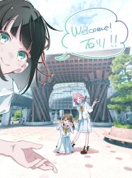 Rule 34 | 3girls, :3, :d, anyoji hime, aqua eyes, black hair, black ribbon, blue dress, blunt bangs, bob cut, bow legwear, brown hair, brown shoes, claw pose, closed eyes, closed mouth, commentary request, dress, hair ribbon, hasu no shousankaku, hasu no sora school uniform, highres, hood, hooded jacket, ishikawa prefecture, jacket, kachimachi kosuzu, kanazawa (city), kanazawa station, kneeling, link! like! love live!, loafers, looking at viewer, love live!, medium dress, momose ginko, multi-tied hair, multiple girls, open clothes, open jacket, open mouth, outdoors, photo background, pink eyes, pleated dress, ponytail, ribbon, sailor collar, sailor dress, saito shiorii, school uniform, shoes, short hair, smile, socks, speech bubble, split mouth, standing, summer uniform, three-quarter sleeves, virtual youtuber, white jacket, white sailor collar, white socks