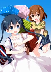 2girls blue_background blue_eyes blue_hair blue_shorts blush box_stack brown_eyes brown_hair collarbone commentary_request dress fang gift gradient_background hair_between_eyes highres holding holding_gift inokuma_youko kin-iro_mosaic komichi_aya leg_up long_hair multiple_girls open_mouth ruu_(tksymkw) shirt short_hair short_sleeves shorts sweat white_background white_dress yellow_shirt