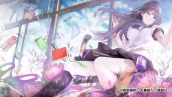 1girl alternate_costume artist_name bakemonogatari black_skirt black_socks blue_eyes boxcutter breasts classroom closed_mouth collared_shirt company_name desk eyelashes feet_out_of_frame female_focus flower hair_blowing hands_up highres indoors kneehighs long_hair looking_at_viewer mechanical_pencil medium_breasts midriff_peek monogatari_(series) navel official_art on_desk oogure_ito open_window pencil petals pleated_skirt purple_hair ruler school_desk school_uniform scissors senjougahara_hitagi set_square shadow shirt short_sleeves sidelocks sitting skirt socks solo stapler stationery watermark white_shirt window
