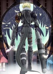 1girl 2boys absurdres ai_(digimon_tamers) arm_cannon beelzebumon beelzebumon_blast_mode black_boots black_feathers black_jacket black_pants black_tail blonde_hair boots brother_and_sister brown_hair caturamon cropped_jacket culumon digimon digimon_tamers dukemon facing_away feathers from_behind full_body group_picture highres indaramon jacket katou_juri leomon makoto_(digimon_tamers) multiple_boys pants renamon saradaberi short_hair siblings solo_focus terriermon walking weapon