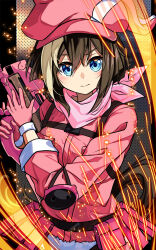 1girl alternate_costume ammunition_pouch animal_ear_headwear animal_ears bandana blue_eyes brown_hair bullpup newsboy_cap cheval_grand_(umamusume) elbow_pads fake_animal_ears fur-trimmed_gloves fur_trim gloves gun hair_between_eyes harness hat highres holding holding_gun holding_weapon horse_girl horse_tail jacket llenn_(sao) magazine_(weapon) multicolored_hair p-chan_(p90) p90 pants personal_defense_weapon pink_bandana pink_eyes pink_gloves pink_jacket pink_pants pink_shirt pink_weapon pouch shirt short_hair smile solo streaked_hair submachine_gun tail trigger_discipline two-tone_hair umamusume weapon white_hair yasume_yukito