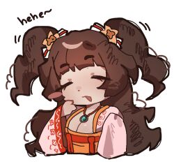 Rule 34 | 1girl, blush stickers, breasts, brown hair, chinese clothes, cleavage, hand up, hanfu, jade (gemstone), jade pendant, jewelry, limbus company, long hair, long sleeves, necklace, ny 000a, open mouth, project moon, qixiong ruqun, short bangs, sidelocks, simple background, single blush sticker, smile, solo, two side up, white background, wide sleeves, xue baochai (project moon)