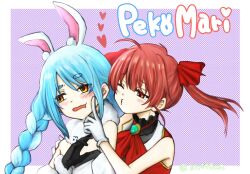 2girls ahoge animal_ear_fluff animal_ears bare_shoulders black_gloves blue_hair blush braid brooch commentary_request detached_sleeves don-chan_(usada_pekora) fur-trimmed_gloves fur_trim gloves grey_leotard hair_between_eyes hair_ribbon heart highres hololive houshou_marine houshou_marine_(1st_costume) jacket jewelry kiritoma leotard leotard_under_clothes long_hair multicolored_hair multiple_girls o3o open_mouth puffy_short_sleeves puffy_sleeves rabbit_ears red_eyes red_hair red_jacket red_ribbon ribbon short_eyebrows short_sleeves sleeveless sleeveless_jacket thick_eyebrows twin_braids twintails twitter_username two-tone_hair upper_body usada_pekora usada_pekora_(1st_costume) virtual_youtuber wavy_mouth white_gloves white_hair white_sleeves
