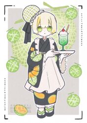 1girl apron black_kimono blonde_hair border bun_cover cotton_1186 food food_print fruit fruit_print full_body green_eyes hair_bun highres holding holding_tray ice_cream ice_cream_float japanese_clothes kimono long_sleeves looking_at_viewer maid melon melon_print original parted_lips print_kimono short_hair single_hair_bun standing straight-on tray wa_maid white_apron white_border wide_sleeves