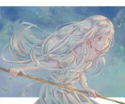 1girl absurdres blue_background dress elf frieren gensou_getsumen_rt gown highres holding holding_staff long_hair pointy_ears solo sousou_no_frieren staff very_long_hair white_hair