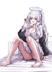 Rule 34 | 1girl, blue archive, blush, breasts, cameltoe, chanwoo, cleavage, collarbone, commentary request, frills, halo, highres, holding, holding phone, knees up, korean commentary, large breasts, long hair, long sidelocks, long sleeves, looking at viewer, mechanical halo, noa (blue archive), noa (pajamas) (blue archive), official alternate costume, pajamas, panties, partially visible vulva, phone, ponytail, purple eyes, sidelocks, simple background, sitting, smile, solo, toes, underwear, white background, white hair, white halo, white pajamas, white panties