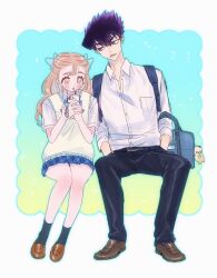 1boy 1girl bag blue_lock blue_ribbon couple highres holding holding_bag holding_phone karasu_tabito m15391599 orange_eyes orange_hair parted_bangs phone putting_on_jean ribbon school_uniform two_side_up