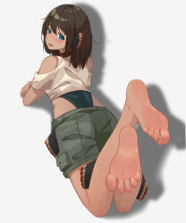 1girl absurdres barefoot black_hair blue_eyes blush feet highres long_hair looking_at_viewer looking_back lying nanase_young on_stomach open_mouth original soles toes