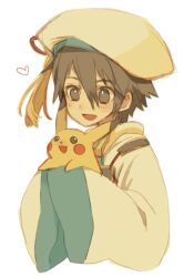armor beret blush brown_eyes brown_hair coat creatures_(company) game_freak gen_1_pokemon hair_between_eyes hat heart holding holding_pokemon japanese_clothes long_sleeves nintendo pikachu pokemon pokemon_(creature) pokemon_conquest sengoku_musou sleeves_past_fingers sleeves_past_wrists smile takenaka_hanbei
