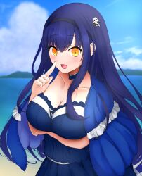 1girl :d absurdres arm_under_breasts black_camisole black_choker black_hair black_hairband black_skirt blue_capelet blue_sky blush bone_hair_ornament breasts camisole capelet choker cleavage cloud collarbone commentary_request cowboy_shot day eyes_visible_through_hair frilled_capelet frilled_choker frills hair_between_eyes hair_ornament hairband hand_up happy highres index_finger_raised kushima_kamome large_breasts long_hair looking_at_viewer ocean open_mouth outdoors shigure_suzuna skirt skull_and_crossbones skull_hair_ornament sky smile solo straight_hair summer_pockets sunlight variant_set very_long_hair yellow_eyes