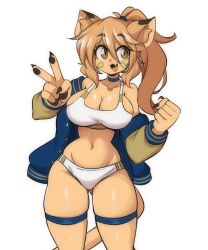 1girl :3 animal_ears breasts cat_ears cat_girl cat_tail curvy fang furry furry_female goya_(lucyfer) gym_uniform happy highres jacket large_breasts long_hair looking_at_viewer lucyfer nail_polish navel open_clothes open_jacket open_mouth original ponytail shiny_clothes simple_background skindentation smile sports_bikini tail wide_hips