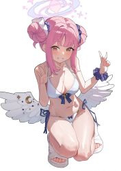 1girl absurdres alternate_costume alternate_hairstyle bikini blue_archive blush breasts cleavage double_bun feathered_wings full_body hair_bun hair_intakes halo highres large_breasts liago looking_at_viewer low_wings mika_(blue_archive) navel pink_hair pink_halo scrunchie side-tie_bikini_bottom simple_background smile solo squatting swimsuit thighs toenails toes w white_background white_bikini white_wings wing_ornament wings wrist_scrunchie yellow_eyes