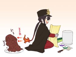 1boy :d arrow_(symbol) black_cape black_hat blank_eyes blush cape center-flap_bangs chocolate_statue closed_eyes fate/grand_order fate_(series) fiery_hair from_behind full_body gift_wrapping gloves gradient_background grey_gloves hair_between_eyes hair_over_one_eye hat heart high_collar holding holding_heart jacket keikenchi_(style) kepi long_hair low_ponytail male_focus melting military_hat mini_nobu_(fate) oda_nobukatsu_(fate) oda_nobunaga_(fate) open_mouth orange_background pants plate ponytail raised_eyebrows red_jacket red_pants scissors seiza sidelocks sitting smile solo sweatdrop tape teramoto_kei v-shaped_eyebrows very_long_hair white_background wrapping_paper