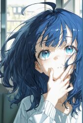 1girl ahoge blue_eyes blue_hair hand_on_own_face hands_up highres indoors looking_up make_heroine_ga_oo_sugiru! medium_hair open_mouth solo sweater white_sweater yanami_anna