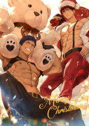 2boys abs antlers aomine_daiki bara bare_pectorals belt black_belt black_pants blue_eyes blue_hair chest_belt christmas closed_mouth hat highres holding holding_sack holding_stuffed_toy horns kagami_taiga kuroko_no_basuke large_pectorals male_focus merry_christmas multiple_boys muscular muscular_male navel nipples open_clothes pants pectorals red_eyes red_hair red_pants reindeer_antlers sack santa_hat short_hair smile stuffed_animal stuffed_toy suspenders teddy_bear teeth zawar379