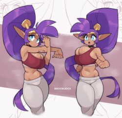 1girl blue_eyes breasts bursting_breasts cleavage doodledox exercising eyelashes female_focus large_breasts long_hair looking_at_viewer midriff navel open_mouth pointy_ears ponytail purple_hair shantae shantae_(series) solo standing steam steaming_body