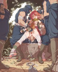 1girl 5boys abs anal ankle_wrap bandages bare_shoulders barefoot bow censored cum cum_in_pussy cum_on_body cum_on_hair facial feet fingerless_gloves forest fuurai_no_shiren gang_rape gangbang gloves grabbing_another&#039;s_breast green_eyes groping group_sex hetero highres kunai loli mosaic_censoring multiple_boys muscular nature ninja no_panties open_mouth penis petite pussy rape red_hair revision sex sitting spread_pussy tenako_(mugu77) thighhighs toeless_legwear weapon