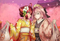 1boy 1girl absurdres astolfo_(fate) bag blush cherry_blossoms fate/grand_order fate_(series) flower glasses hair_ornament hair_ribbon highres japanese_clothes kimono long_hair pink_hair ran_sk red_hair ribbon short_hair trap