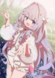 1girl :d absurdres blue_eyes blurry blush bow commission day dress falling_petals frills gradient_hair grass grey_hair hair_bow hair_intakes hair_ornament hands_up heterochromia highres indie_virtual_youtuber long_hair long_sleeves looking_at_viewer multicolored_hair open_hands open_mouth outdoors petals puffy_long_sleeves puffy_sleeves purple_eyes ribbon shiro9jira shorts sidelocks skeb_commission smile solo sparkle sparkle_hair_ornament standing star_(symbol) star_hair_ornament thigh_strap very_long_hair virtual_youtuber white_bow white_dress white_shorts yunami_toiro