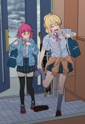 2girls absurdres ahoge bag black_legwear blue_jacket blue_skirt blunt_bangs blunt_ends blush bow bowtie bra_visible_through_clothes breasts brown_footwear brown_sweater checkered_clothes checkered_skirt closed_eyes clothes_around_waist commentary door eyes_visible_through_hair grey_legwear grey_sky hair_between_eyes hands_up highres hood hooded_jacket indoors jacket legs looking_at_another love_live! love_live!_nijigasaki_high_school_idol_club miyashita_ai multiple_girls open_mouth orange_bow orange_bowtie pink_hair plaid_clothes plaid_skirt pleated_skirt ponytail rain red_footwear removing_shoes rlqns9995 scrunchie shirt shoes short_hair sidelocks skirt sky small_breasts standing standing_on_one_leg sweater sweater_around_waist symbol-only_commentary tennoji_rina thighhighs thighs umbrella wet wet_clothes wet_hair white_shirt wing_collar wrist_scrunchie yellow_bow yellow_bowtie yellow_eyes yuri
