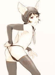 1boy :3 animal_ears ass black_thighhighs brown_hair butt_crack collar dildo highres male_focus red_eyes sex_toy solo spiral thighhighs wedgie