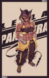 Rule 34 | 1girl, abs, absurdres, animal ears, artist name, baggy pants, black border, black hair, border, breasts, cat ears, character name, dark skin, glowing, glowing eye, hand wraps, highres, large breasts, leila (awastedninja), looking at viewer, milka01477, muscular, muscular female, original, pants, shoes, smile, sneakers, solo, tail, tank top, yellow eyes