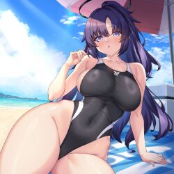 1girl alternate_costume alternate_hairstyle arm_support beach beach_mat beach_umbrella blue_archive blue_eyes blue_halo blue_sky blush breasts cloud cloudy_sky collarbone commentary_request competition_swimsuit covered_navel day hair_intakes halo highleg highleg_one-piece_swimsuit highres large_breasts long_hair looking_at_viewer one-piece_swimsuit open_mouth shirokuma_a sideboob sitting sky solo swimsuit thighs umbrella yuuka_(blue_archive)