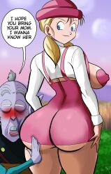 1boy 1girl aged_up ass blonde_hair blue_eyes breasts dragon_ball dragon_ball_gt guyvanity hand_on_another&#039;s_ass huge_ass kaioshin large_breasts marron_(dragon_ball) old old_man rou_kaioushin smile variant_set