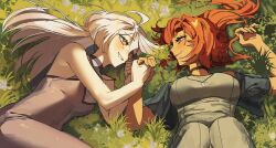 2girls blue_eyes blush breasts closed_mouth commentary dress grass grey_dress grey_eyes gundam gundam_suisei_no_majo hashtag-only_commentary highres holding_hands jewelry large_breasts long_hair looking_at_another lying medium_breasts miorine_rembran multiple_girls necklace on_back on_grass parted_lips purple_dress red_hair short_sleeves smile suletta_mercury tkffuwnj_ing white_hair yuri