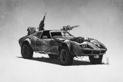 car chevrolet chevrolet_corvette chevrolet_corvette_c3 commentary engine english_commentary greyscale harpoon harpoon_gun highres mad_max mad_max:_fury_road monochrome motor_vehicle no_humans shadow shanemolina sports_car turret vehicle_focus