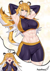 1girl aged_up animal_ears armpits arms_behind_head arms_up blonde_hair breasts closed_eyes detached_sleeves drooling female_focus green_eyes highres huge_breasts imagining ju_fufu long_hair looking_at_viewer multicolored_hair muscular muscular_female navel pashapencil solo tail thick_thighs thighs two-tone_hair white_hair zenless_zone_zero