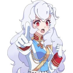 Rule 34 | 1girl, aiguillette, alpha (alpha 1918), armband, belt, blue sash, breasts, buttons, clenched hand, collar, cross, cross pendant, epaulettes, findoworld, fluffy, fluffy hair, furrowed brow, gloves, gold buttons, gold trim, hair between eyes, hair ornament, lips, long hair, looking at viewer, medium breasts, military, military uniform, non-web source, official art, open mouth, original, pink lips, pointing, pointing at viewer, red eyes, red sleeve cuffs, russian empire, sash, sleeve cuffs, solo, sticker, teeth, tongue, transparent, transparent background, upper teeth only, very long hair, white belt, white gloves, white hair