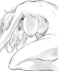 1girl breasts devil_survivor_(series) devil_survivor_2 eyelashes greyscale hanging_breasts haoro hotsuin_miyako large_breasts leaning_forward monochrome nipples shiny_skin sitting sketch solo