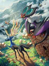 6+others ? claws cloud dedenne dragon dragon_tail dutch_angle eevee fangs fletchinder fletchling flying from_above gen_1_pokemon gen_6_pokemon highres legendary_pokemon logo looking_afar looking_at_another multiple_others nature nintendo noivern official_art open_mouth pokemon pokemon_(creature) pokemon_tcg sky standing tail talonflame xerneas