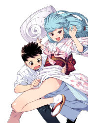 1boy 1girl :d aqua_hair bare_legs blush brown_eyes brown_hair fang fingernails grin hair_bobbles hair_ornament hamada_yoshikazu highres japanese_clothes kagami_kazuya kimono kiriha_(tsugumomo) long_hair obi official_art open_mouth panties photoshop_(medium) red_eyes sandals sash school_uniform sidelocks simple_background smile socks tabi tsugumomo underwear white_background