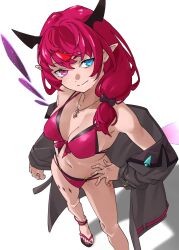 1girl anklet bikini black_bikini black_coat black_jacket blue_eyes breasts cleavage closed_mouth coat commentary crystal_wings detached_wings from_above front-tie_bikini_top front-tie_top hair_over_shoulder hand_on_own_hip highres hololive hololive_english horns irys_(hololive) jacket jewelry layered_bikini low_ponytail medium_breasts nail_polish navel necklace o-ring o-ring_bikini off_shoulder official_alternate_costume official_alternate_hairstyle ooarai_school_uniform pink_eyes pink_nails pointy_ears ponytail purple_bikini purple_hair red_hair school_uniform simple_background slippers smile solo star-shaped_pupils star_(symbol) stomach swimsuit symbol-shaped_pupils tanabe_(fueisei) toenail_polish toenails virtual_youtuber white_background wings