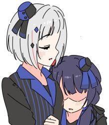 2girls ameiro_(love_live!) awoke_(love_live!) black_ribbon blue_hair blue_hat bob_cut closed_eyes colored_inner_hair commentary_request diagonal_bangs diamond_hair_ornament dollchestra grey_hair hair_ribbon hat highres hug inverted_bob link!_like!_love_live! llkapital long_hair love_live! low_twintails mini_hat multicolored_hair multiple_girls murano_sayaka no_eyes official_alternate_costume parted_lips red_hair ribbon shaded_face short_hair simple_background streaked_hair tilted_headwear twintails upper_body virtual_youtuber white_background yugiri_tsuzuri