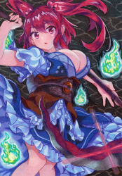 Rule 34 | 1girl, breasts, cleavage, highres, kittona, large breasts, looking at viewer, onozuka komachi, red eyes, red hair, solo, touhou, traditional media, twintails, two side up, watercolor pencil (medium)