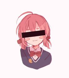 1girl :3 ahoge aruko_okara blush_stickers bow bowtie censored censored_identity collared_shirt cropped_torso facing_viewer highres indie_virtual_youtuber mi_oxo_9m red_bow red_bowtie shirt solo sweater tokumei_radio virtual_youtuber white_shirt