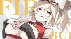1girl bare_shoulders black_sleeves blonde_hair blush breasts breasts_out burnice_white commentary covering_breasts covering_privates crop_top detached_sleeves eyewear_on_head highres large_breasts red-tinted_eyewear red_eyes sanshoku_dango_(shukosuko) simple_background smile solo tinted_eyewear tongue tongue_out two_side_up white_background zenless_zone_zero