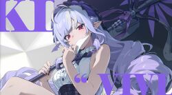 1girl absurdres antenna_hair bare_arms bare_shoulders black_bow black_bowtie black_skirt black_umbrella blush bow bowtie breasts center_frills character_name covered_mouth drill_hair frilled_shirt frills grey_hair hairband hands_up high-waist_skirt highres holding holding_knife holding_umbrella knife long_hair looking_at_viewer mask medium_breasts mindscape_cinema_(zenless_zone_zero) mouth_mask multicolored_hair parasol pointy_ears purple_bow purple_hair purple_ribbon red_eyes ribbon shirt sitting skirt sleeveless sleeveless_shirt solo streaked_hair umbrella upper_body very_long_hair vivian_banshee white_shirt zenless_zone_zero