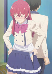 1boy 1girl anime_screenshot black_hair black_pants blazer blue_eyes blush bow bowtie breasts closed_mouth dot_nose embarrassed flat_chest highres jacket kanojo_mo_kanojo long_hair long_sleeves looking_away_from_partner miniskirt mukai_naoya nervous nervous_sweating panties pants pleated_skirt red_bow red_bowtie saki_saki_(kanojo_mo_kanojo) school_uniform shirt short_hair shy skirt small_breasts sweat sweatdrop taking_off_clothes underwear white_panties white_shirt