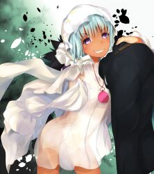 Rule 34 | 1boy, 1girl, a certain high school uniform, belt, black hair, black jacket, black pants, blue hair, brown belt, carrying, carrying over shoulder, carrying person, commentary request, cowboy shot, dark-skinned female, dark skin, green background, grin, hand up, hood, hood up, jacket, jewelry, kamijou touma, light blue hair, light blush, locket, looking at viewer, medium hair, monochrome background, naked raincoat, necklace, no pussy, pants, pendant, pocket watch, purple eyes, raincoat, salome (toaru majutsu no index), scene reference, school uniform, see-through clothes, see-through raincoat, shin (highest1192), sidelocks, smile, spiked hair, toaru majutsu no index, toaru majutsu no index: new testament, v-shaped eyebrows, watch, white raincoat, winter uniform