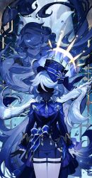 Rule 34 | 2girls, absurdres, ahoge, ascot, asymmetrical gloves, black gloves, black shirt, black shorts, bloom, blue ascot, blue background, blue bow, blue eyes, blue gemstone, blue hair, blue hat, blue jacket, blue theme, border, bow, brown border, buttons, closed mouth, cowboy shot, dress, drop-shaped pupils, dual persona, faceless, furina (genshin impact), gem, genshin impact, gloves, hair between eyes, hat, hat bow, hat ornament, highres, hizuki miya, jacket, juliet sleeves, lapels, long hair, long sleeves, looking at another, low twintails, mismatched gloves, multiple girls, open clothes, open jacket, outside border, puffy sleeves, shirt, short hair, shorts, sidelocks, smile, standing, symbol-shaped pupils, thigh strap, top hat, twintails, very long hair, water, white dress, white gloves