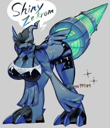 alternate_color blue_sclera breasts cleavage colored_sclera dragon_girl furry furry_female gen_5_pokemon highres huge_breasts legendary_pokemon looking_at_viewer nintendo pokemon pokemon_(creature) reptile_girl seductive_smile shiny_pokemon shorts smile tail thick_thighs thighs togetoge tongue tongue_out wings zekrom
