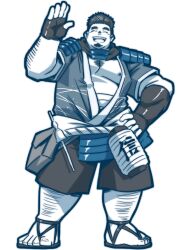 Rule 34 | arms up, artist request, biceps, character request, character single, cleavage cutout, clothing cutout, copyright request, hand on own hip, highres, lantern, muscular, nipple slip, nipples, paper lantern, raozone, sandals, shinano (tamacolle), short sleeves, shorts, shoulder guard, tamacolle, waving