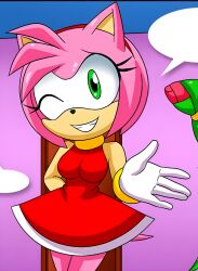 1girl amy_rose arms_behind_back dress gloves green_eyes hairband hedgehog_girl highres looking_at_viewer bad_tag mobius_unleashed one_eye_closed palcomix pink_hair red_dress sleeveless sleeveless_dress smile sonic_(series) wink